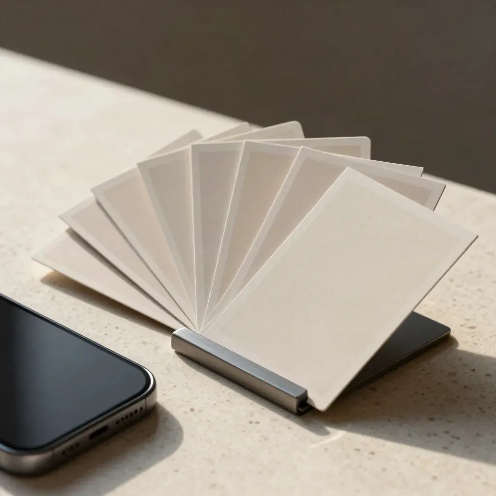 Tile social, telefono a faccia in giù e supporto calendario su travertino, luce morbida dall’alto.