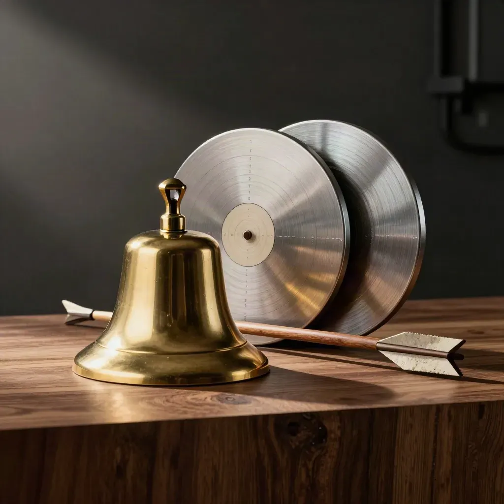 Campanello d’ottone, dischi bersaglio e freccia su plinto di legno, luce radente e atmosfera scura.