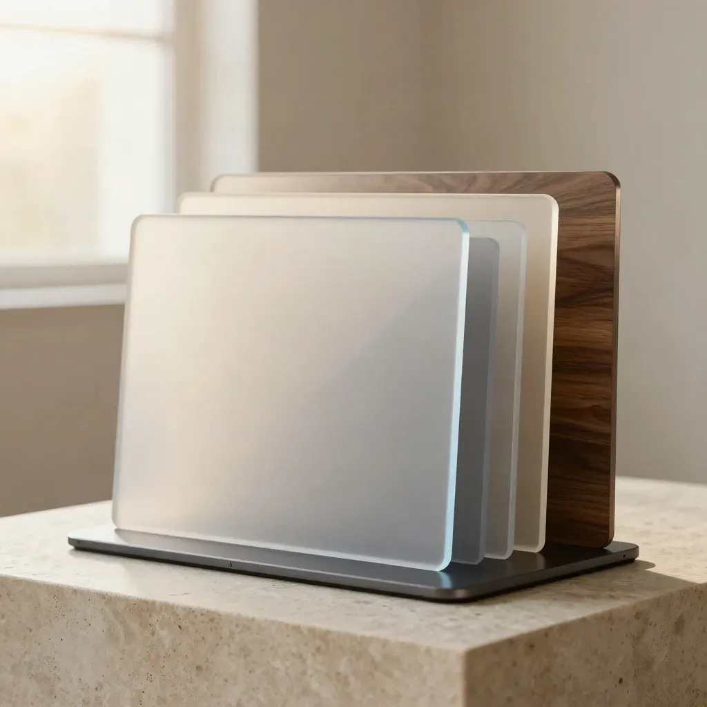 Mockup stratificato di sito web su supporto tablet, con luce calda e materiali neutri