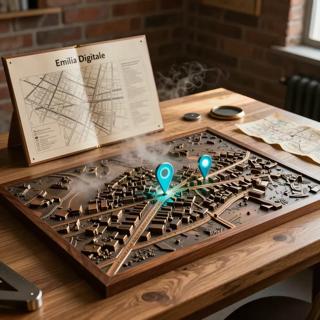 Mappa cittadina in rilievo con tre pin luminosi e pannello stradale piegato, luce calda.
