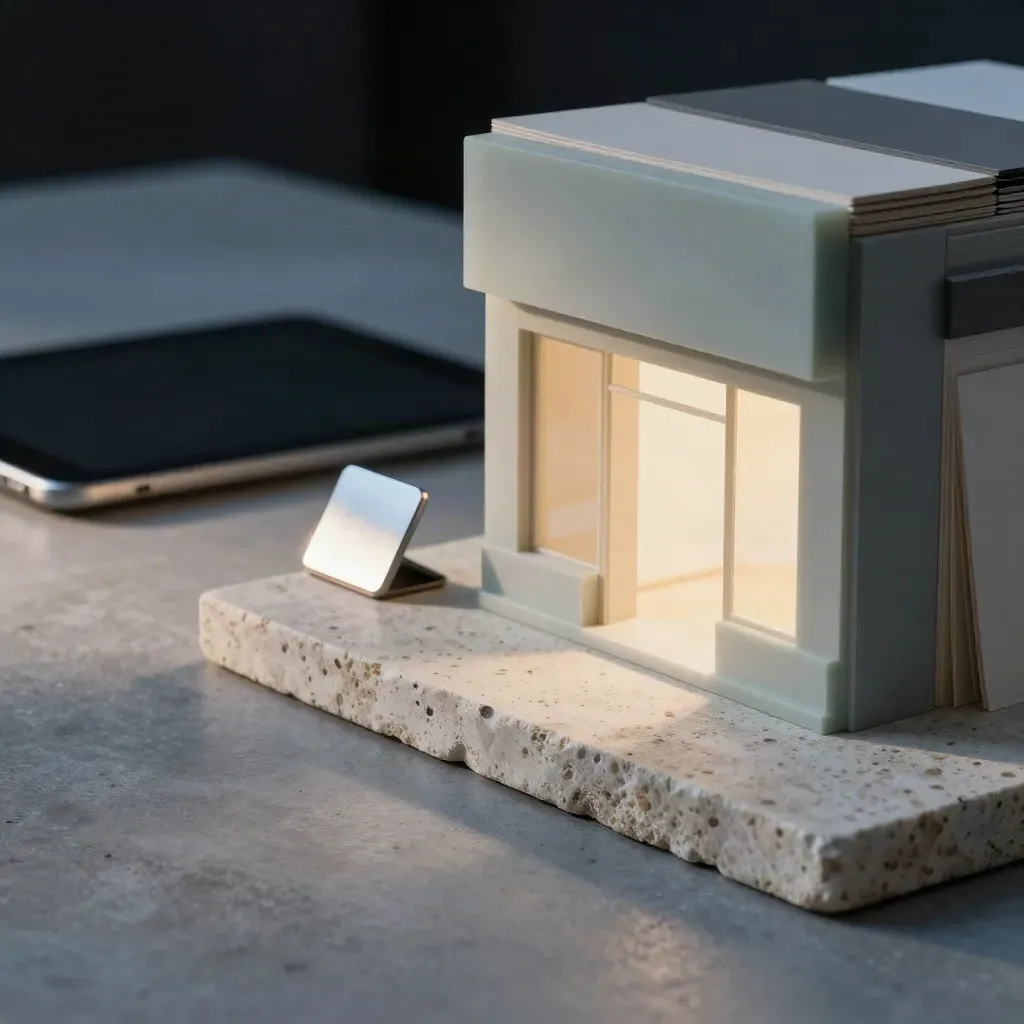 Tabellone digitale con mockup e materiali su base in pietra, luce drammatica e atmosfera cinematica.