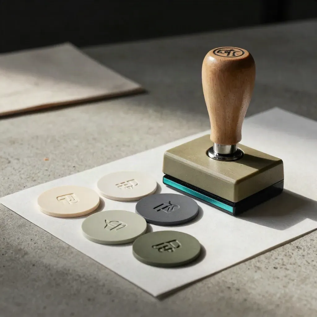 Kit di branding con blocco logo goffrato, campioni colore e pressa sigillo su banco in cemento.