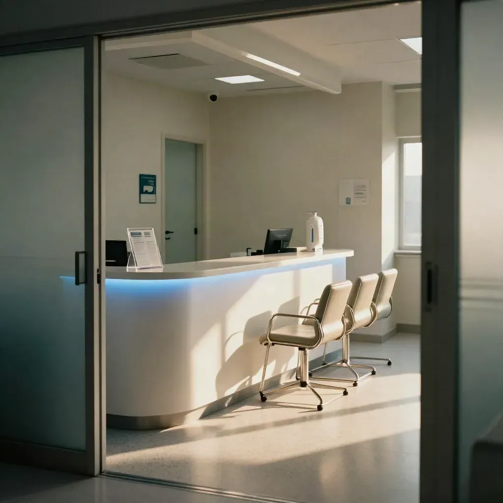Reception vuota di uno studio medico con banco check-in luminoso, sedie allineate e luce blu.