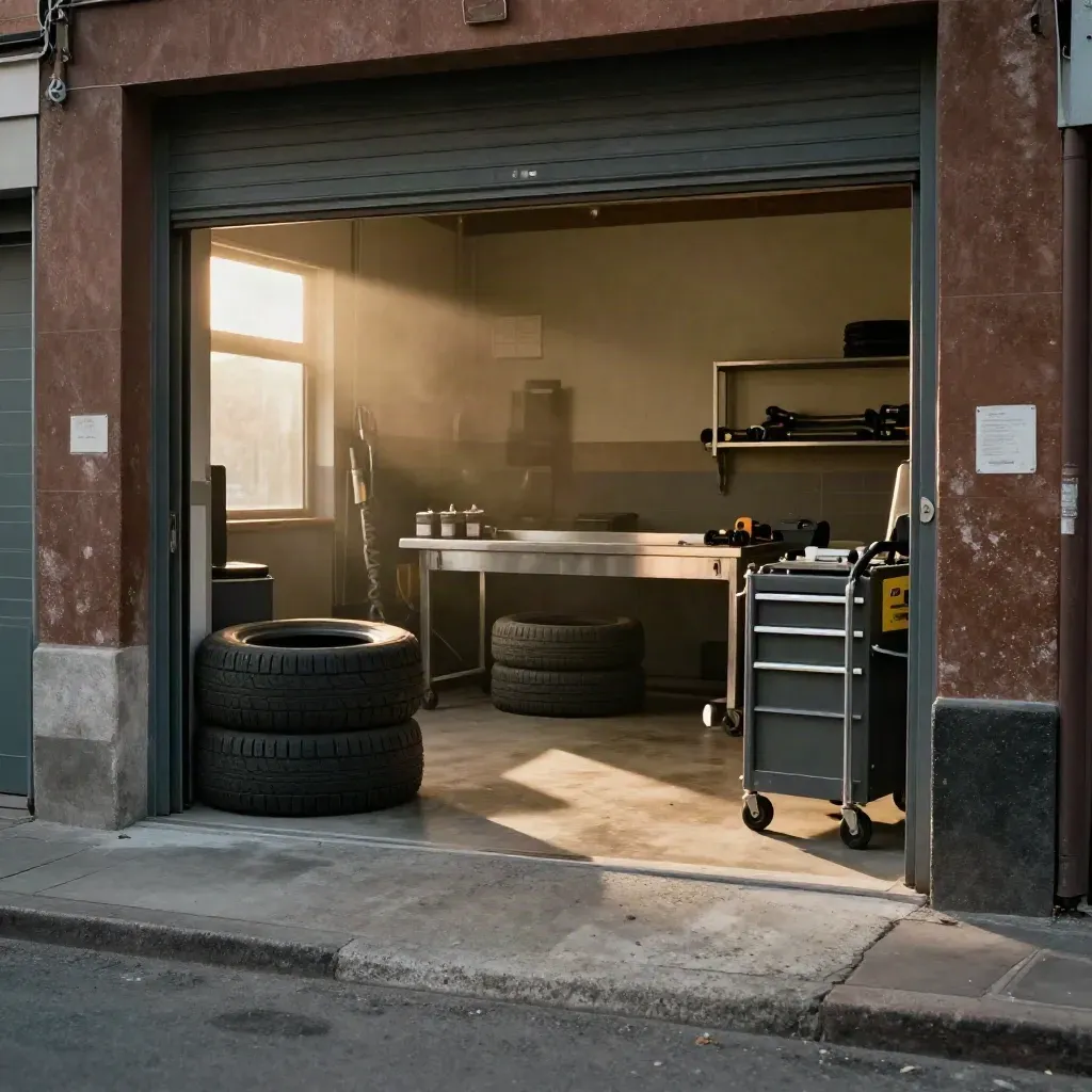 Ingresso di officina restaurata con porte aperte, gomme impilate e banco pulito al tramonto