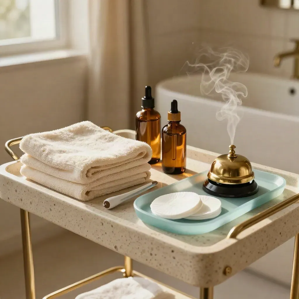 Set beauty pronto con asciugamani piegati, flaconi ambrati e campanello acceso in luce calda.