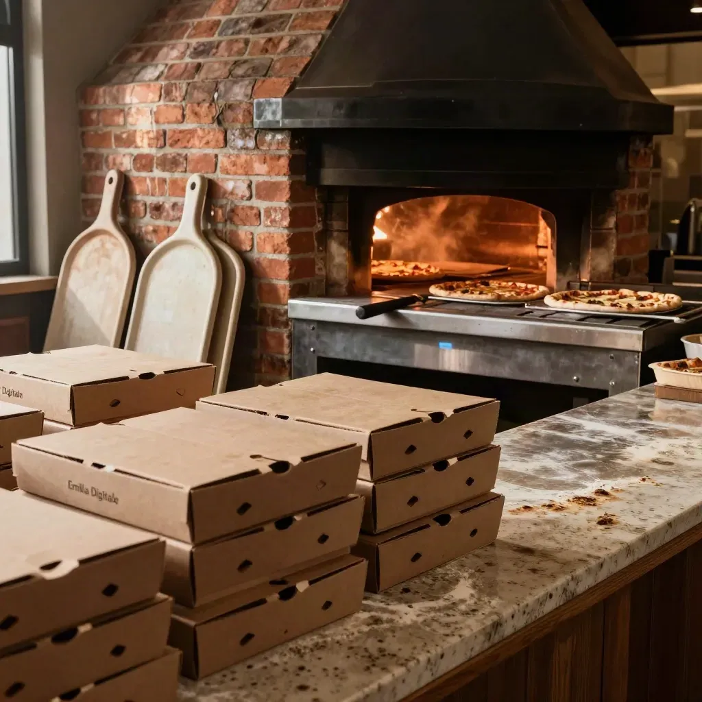 Linea pizzeria con scatole d’asporto, pale in ceramica e forno acceso, pronta per il weekend.