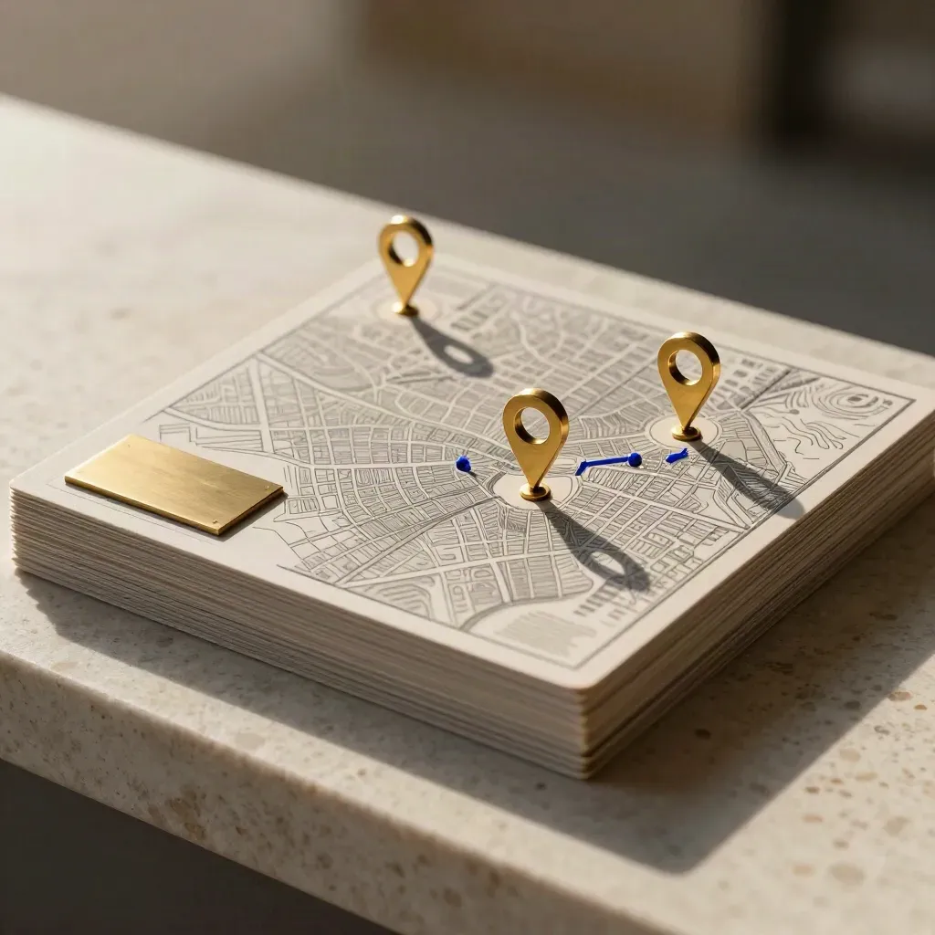 Carte mappa cittadina, puntine in ottone e targa indirizzo su travertino.