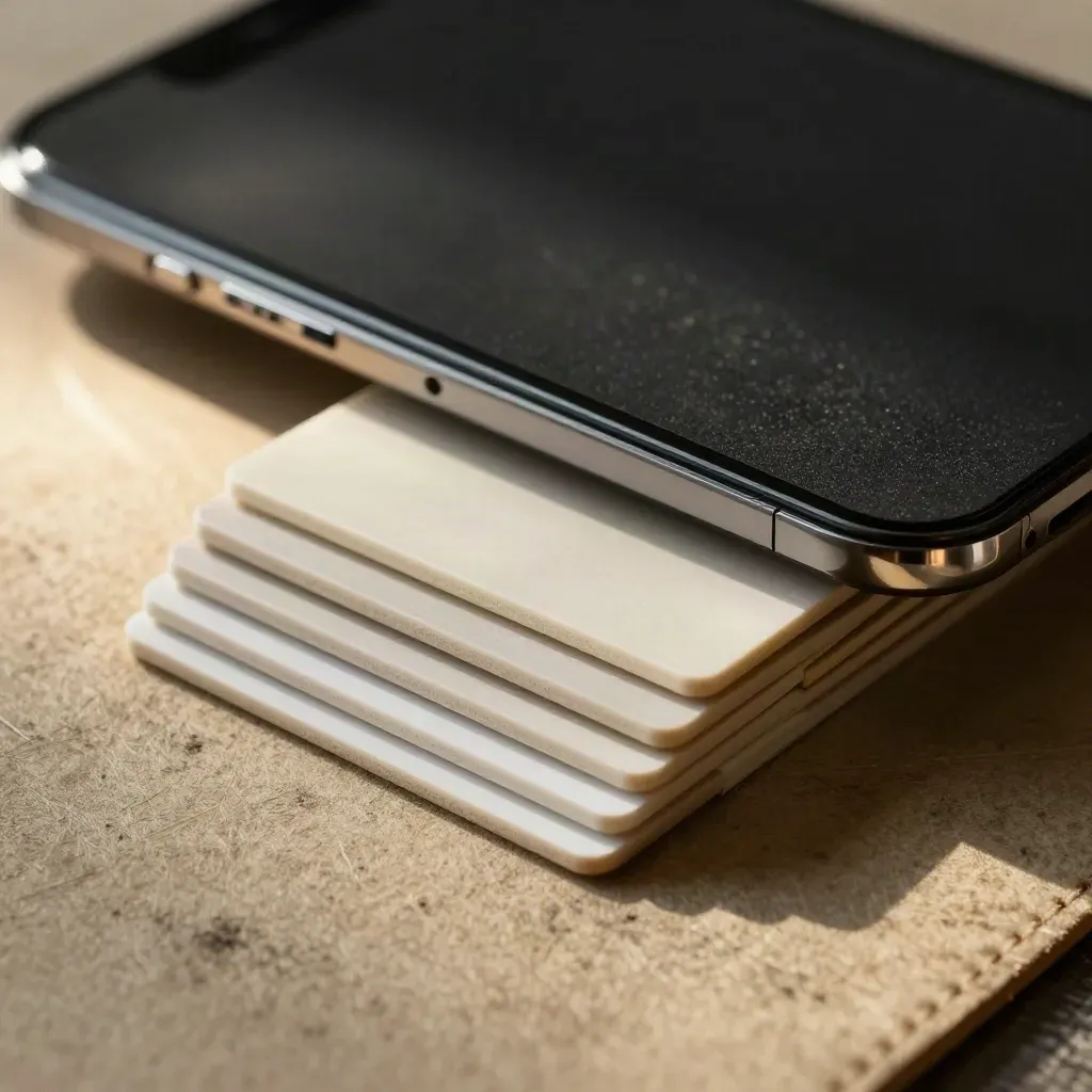 Smartphone scuro, tasselli social e rail di pianificazione su feltro khaki, luce radente.