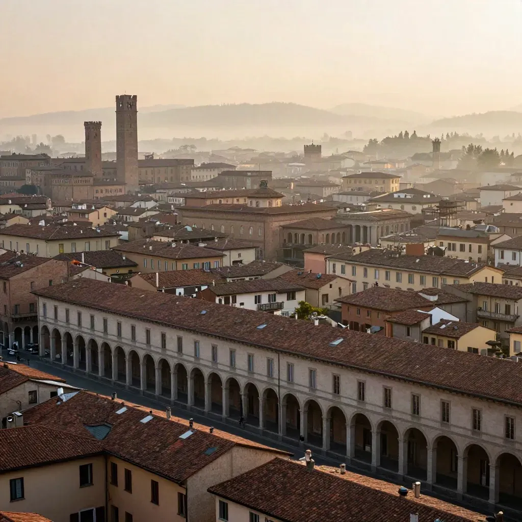 Portici di Bologna al primo sole, con tetti in terracotta e nebbia morbida.