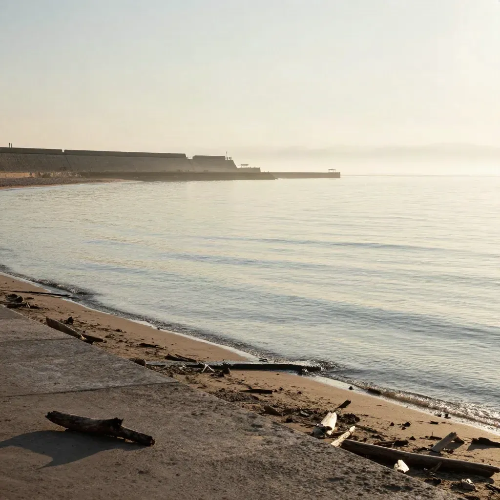 Veduta ampia della costa di Rimini con nebbia marina e diga silenziosa al tramonto