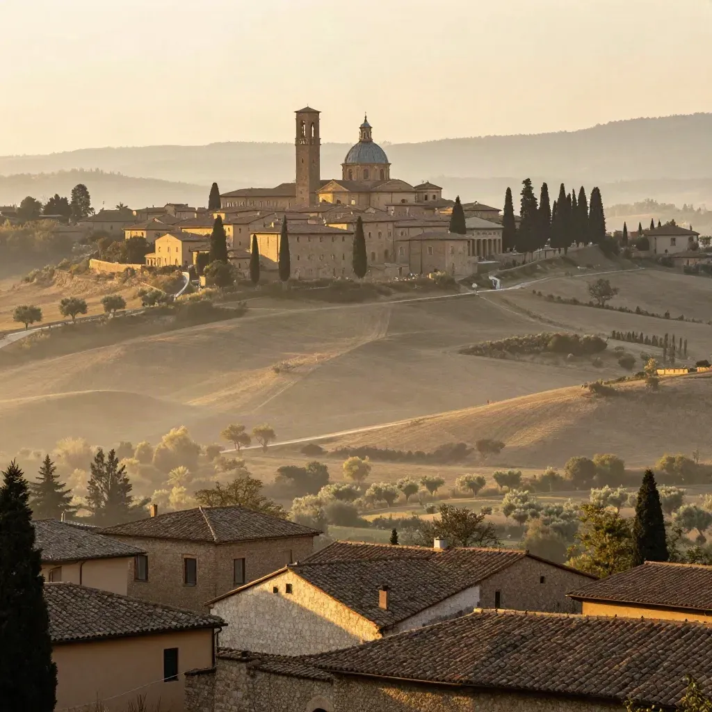 San Luca sopra Bologna con tetti di terracotta e cipressi nella luce dorata.