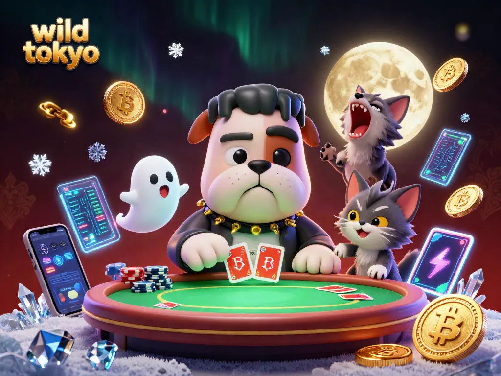 Experience wild tokyo as a Frankenstein bulldog deals cards at a spooky poker table surrounded by crypto coins.