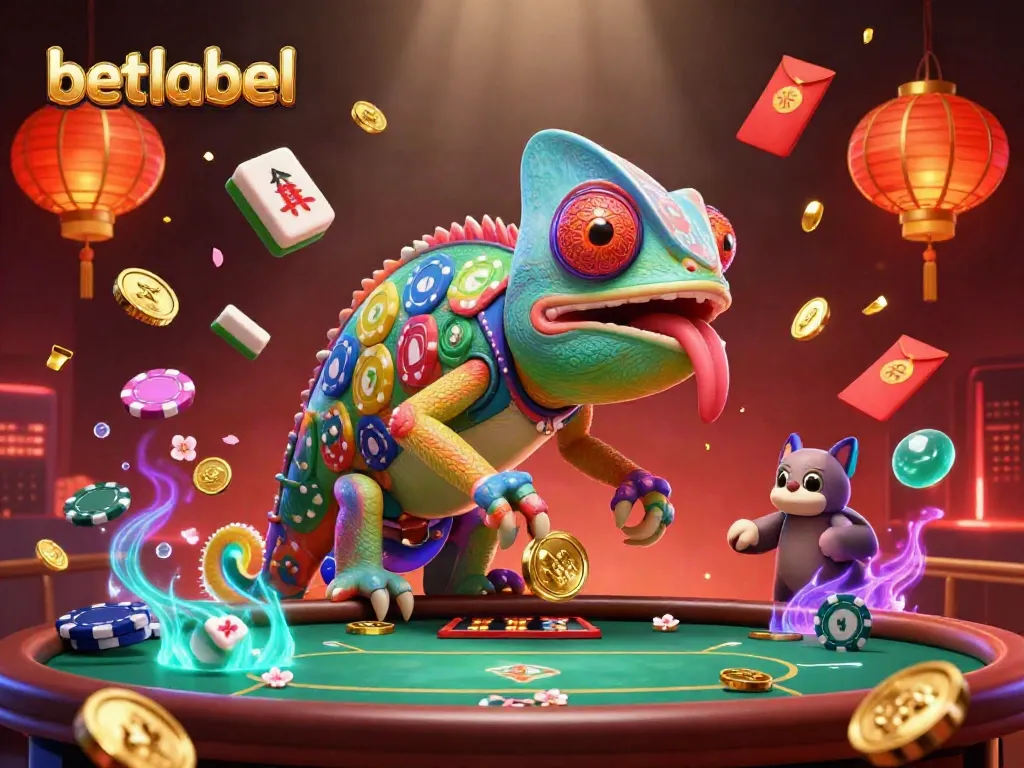 Betlabel showcases vibrant gaming energy with a chameleon casino owner amid floating mahjong tiles and golden coins.